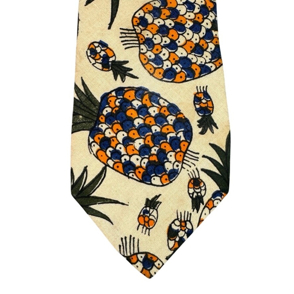 Ron Chereskin Mens Cotton Tie Beige Blue Orange Pineapple Print Tropical Fruit